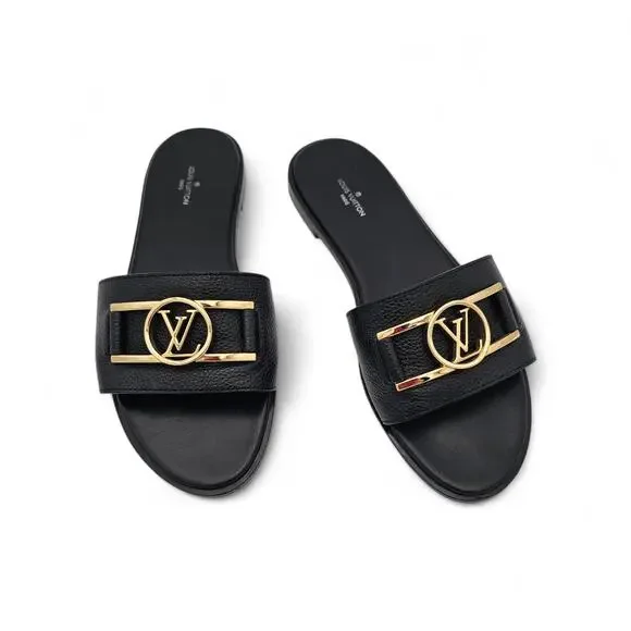 Louis Vuitton Lock It Flat Slide Sandal Black Leather Gold LV Logo Size 38 US 8 - Picture 1 of 12